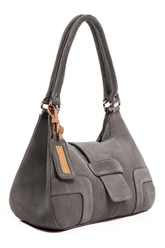 Pebble grey women's dress handbag, matching pumps and belts. Worn view - Florence KOOIJMAN